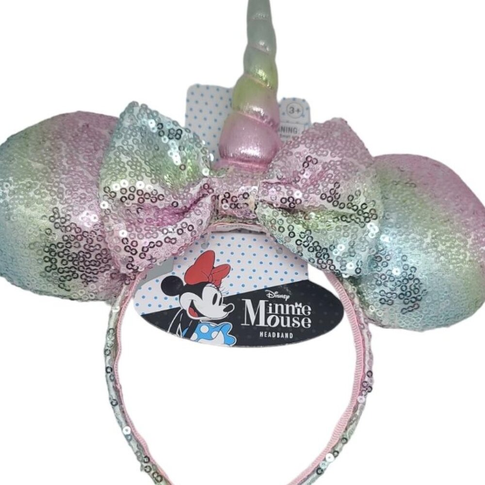 Disney Minnie Sequin Ear Unicorn Headband with Bow, Pastel - NEW